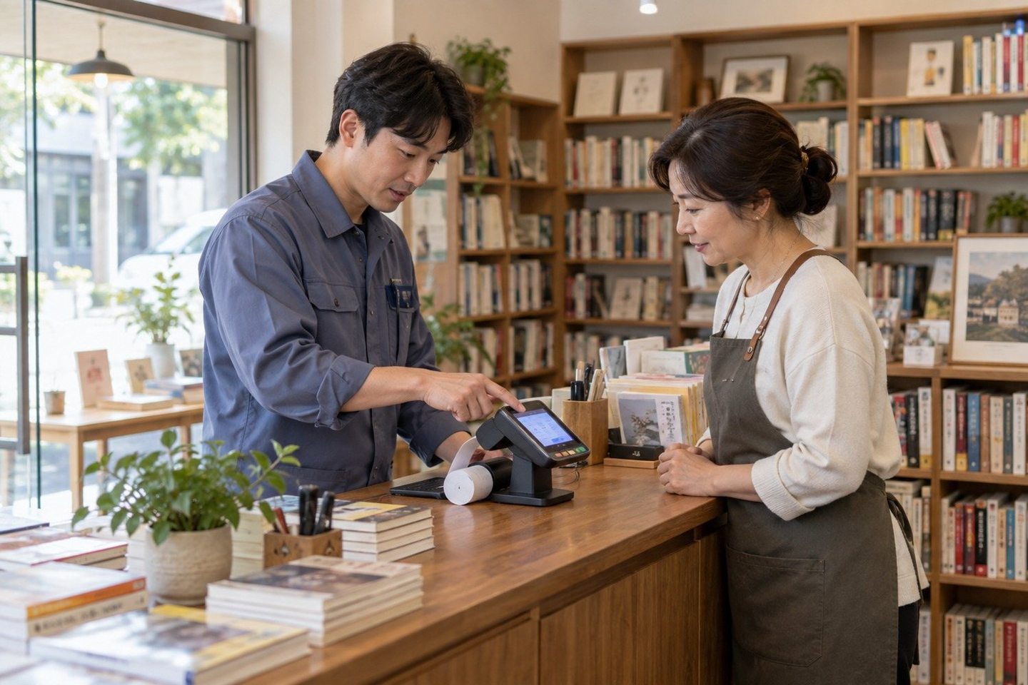 매장 계산대에서 고객의 카드결제를 받는 운영자 — 개인회생자 PG 카드결제 비용비용, 첫날 얼마 드나요? 가입비 · 개통비 0원, 연락 주시면 무료 개통해 드려요.